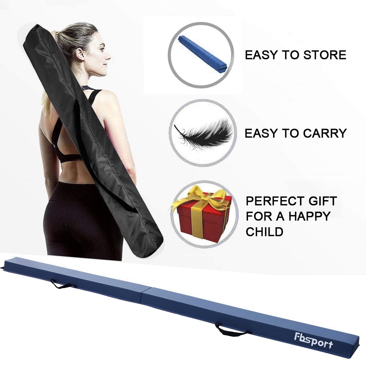 FBSPORT Poutre de gymnastique 300 cm en cuir synthétique, poutre d'équilibre pliable pour la maison, filles, enfants, adultes, entraînement, avec poignées de transport, base antidérapante