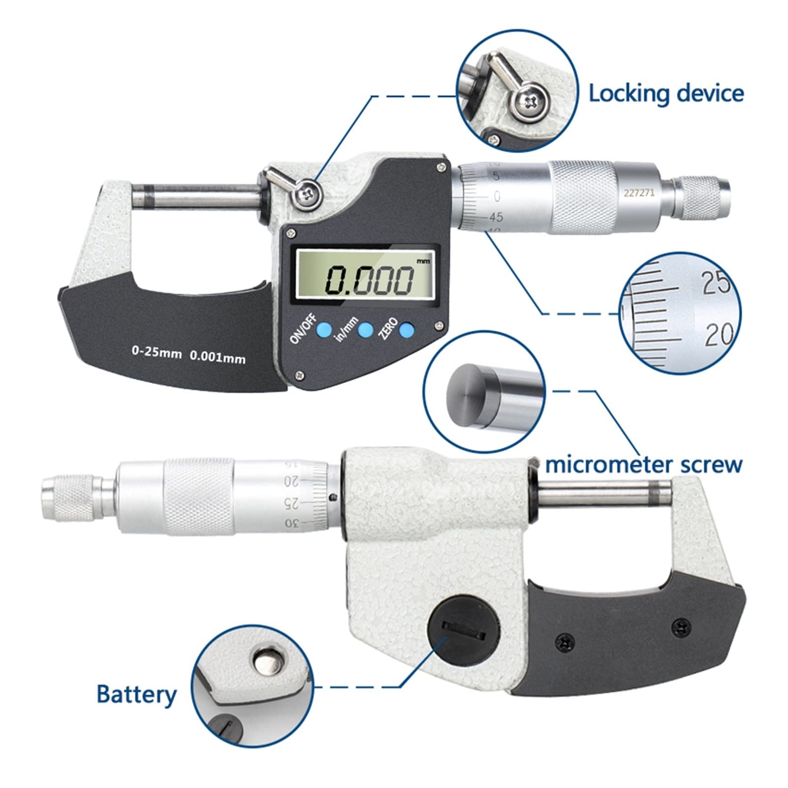 Micrómetro, Calibrador digital de micrómetro 0.001mm 0-25/50/75 100mm Micrómetro exterior electrónico con LCD Herramientas medición calibre pantalla(0-25mm)
