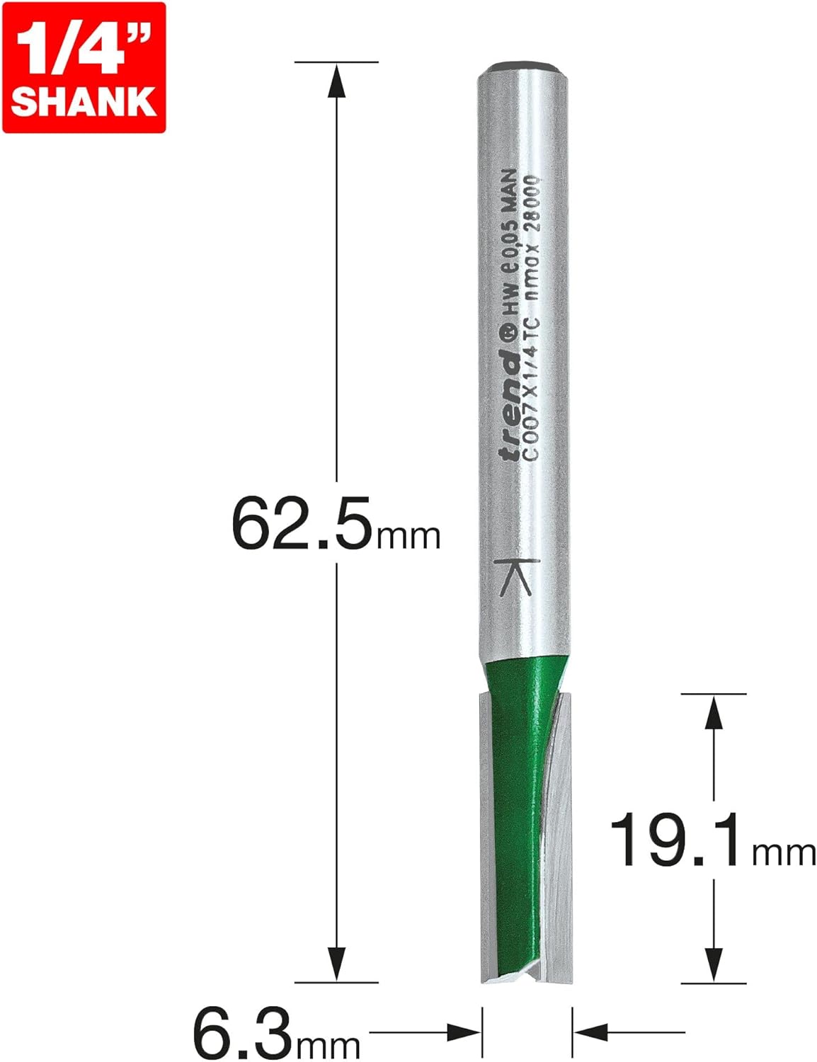 TREND Craft Pro 1/4" Shank Straight Router Cutter Bit-Ref: C007X1/4TC Diameter 6.3mm Cutting Length 19.1mm Tungsten Carbide Tipped Dia X