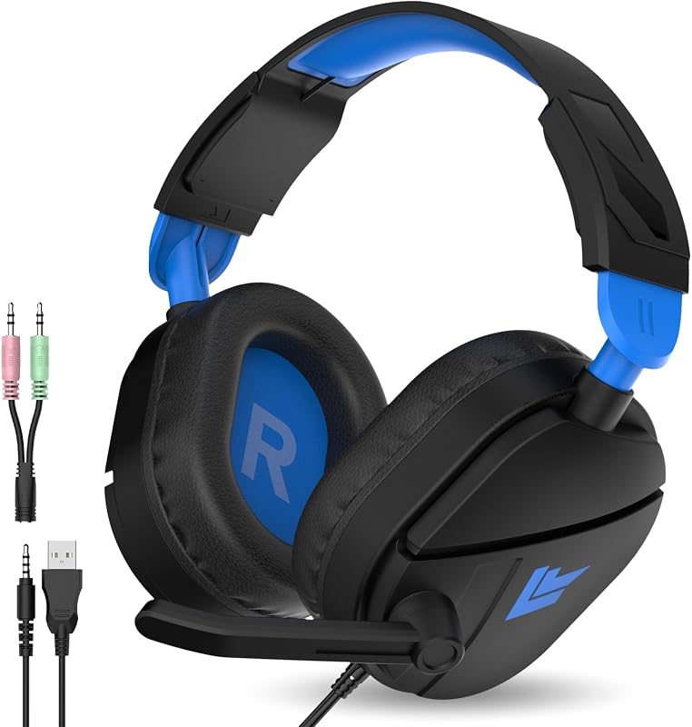 QXQ Wired Gaming Headset for PS5/PS4/PC/Switch - 3.5mm Over-Ear Headphones with Noise-Canceling Mic - RGB LED Light - Deep Bass Stereo Surround Sound - Soft Memory Foam Earpads (Dark Blue)