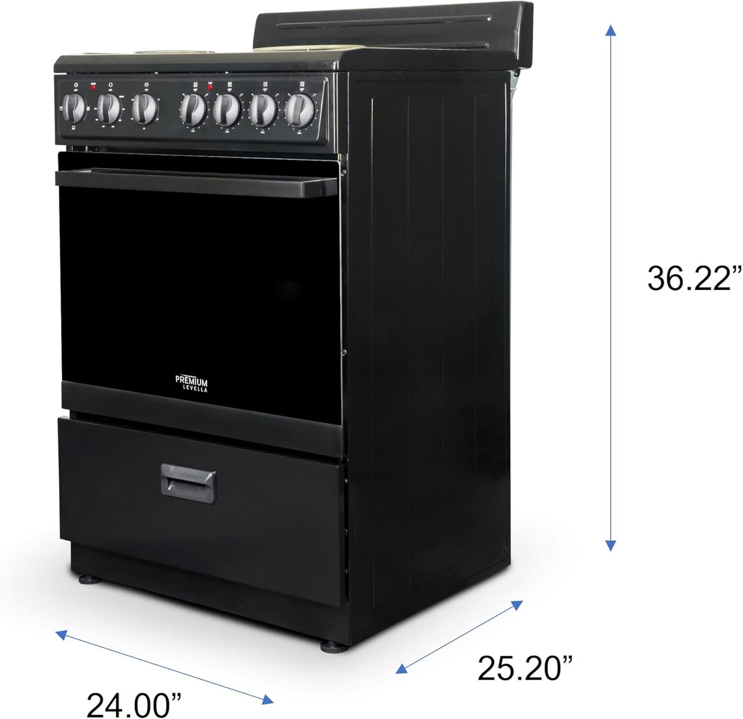 Premium Levella PRE2427GB 24 in Freestanding Electric Range with 4 Coil Burners and 2.7 Cu. Ft. Single Oven Capacity with Lower Storage Drawer - Black