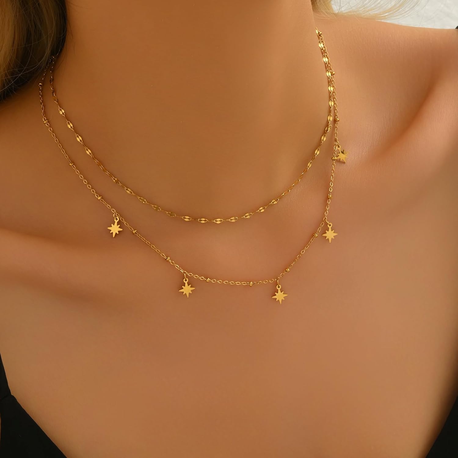 Layered Necklace for Women 18K Gold Plated,Double Layer CZ Star Sun Heart Charms,Lip Chain Minimalist Jewelry,Adjustable 14-16 Inch Everyday Boho - Image 3