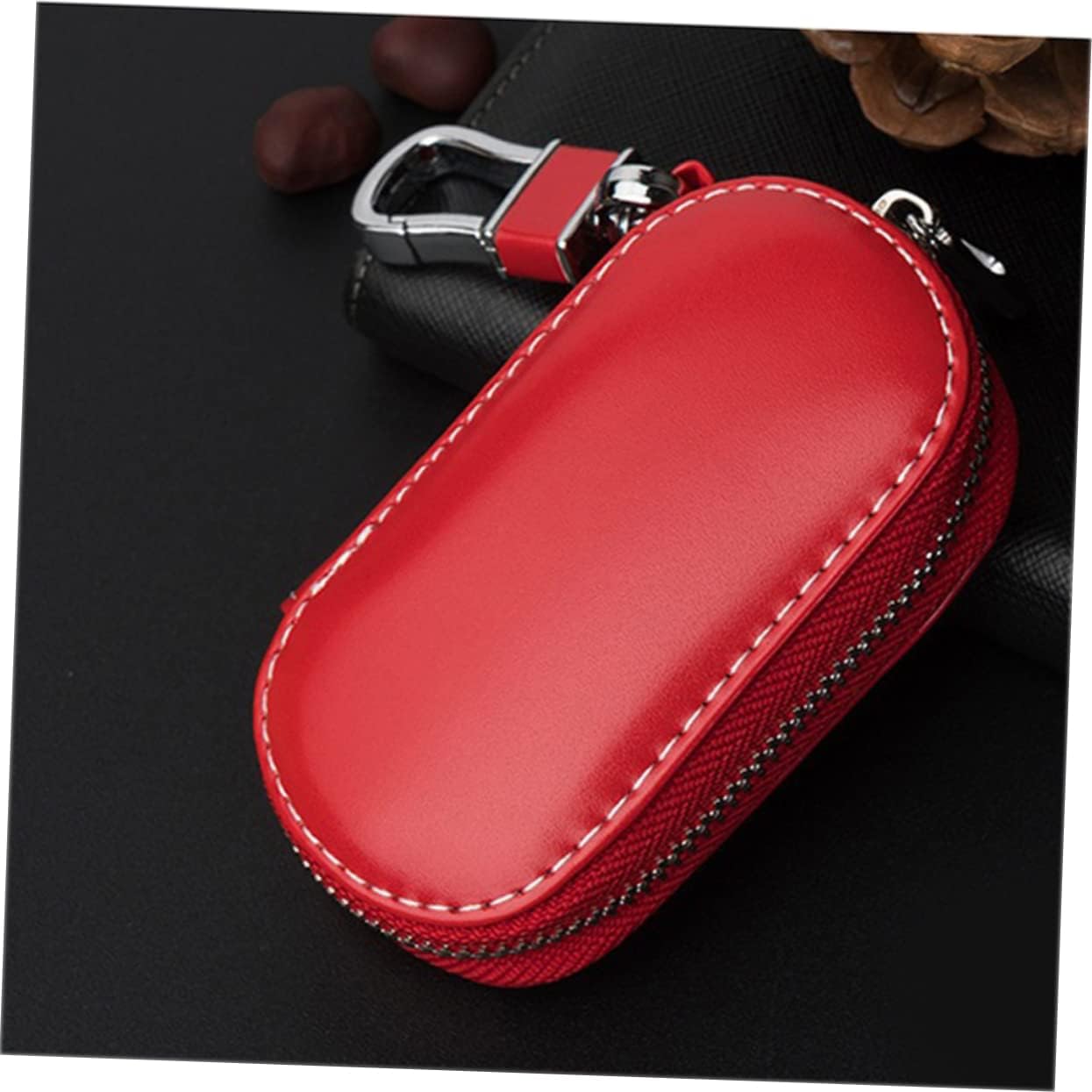 Cabilock Leather Car Key Pouch Zipper Key Storage Bag with Hanging Clasps for Convenient Carrying Durable Design Coins and Cash for Men Red