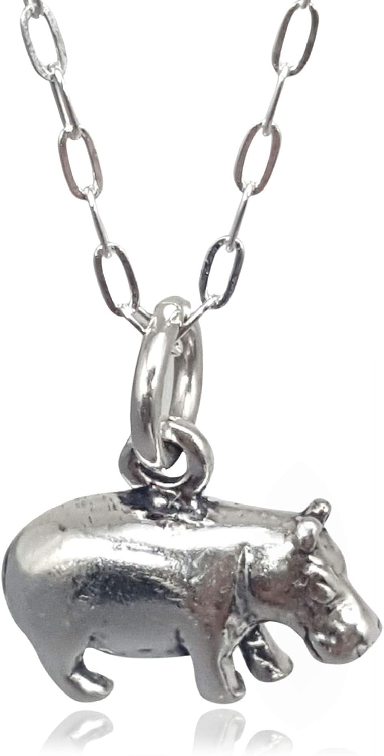 EnCharmed Sterling Silver Hippo Hippopotamus 3D Charm Necklace, 18"