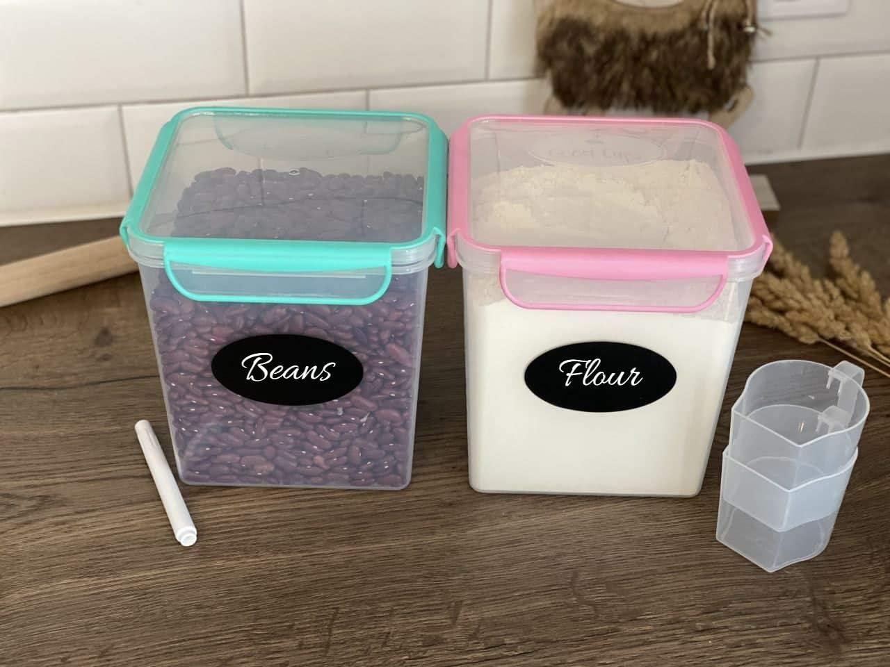 2 Large Airtight Food Storage Containers for Flour, Sugar 142oz - Kitchen Pantry Plastic Containers - Air Tight Canisters Set With Locking Lids - 4 Labels, Marker and 2 Measuring Cups(Pink,Aquamarine)