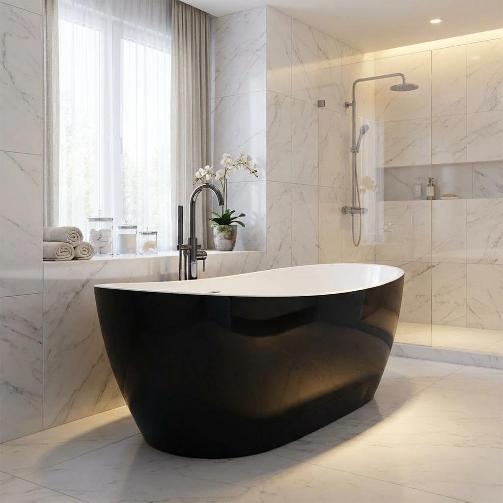 59-Inch Acrylic Freestanding Soaking Bathtub, Deep Standalone Tub with Chrome Drain & Overflow, Black & White Modern Design for Small Bathroom Remodel and Spa