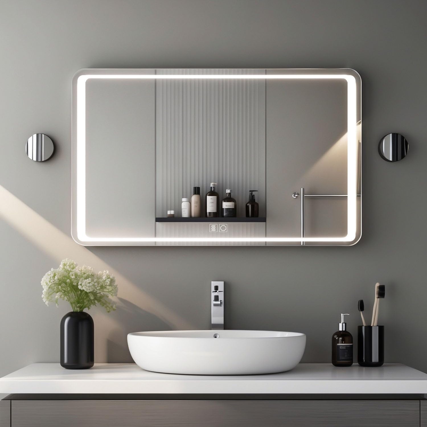 Miroir Lumineux 90x70 pour Salle de Bain avec Zone antibuée et luminosité réglable Pose Verticale ou Horizontale