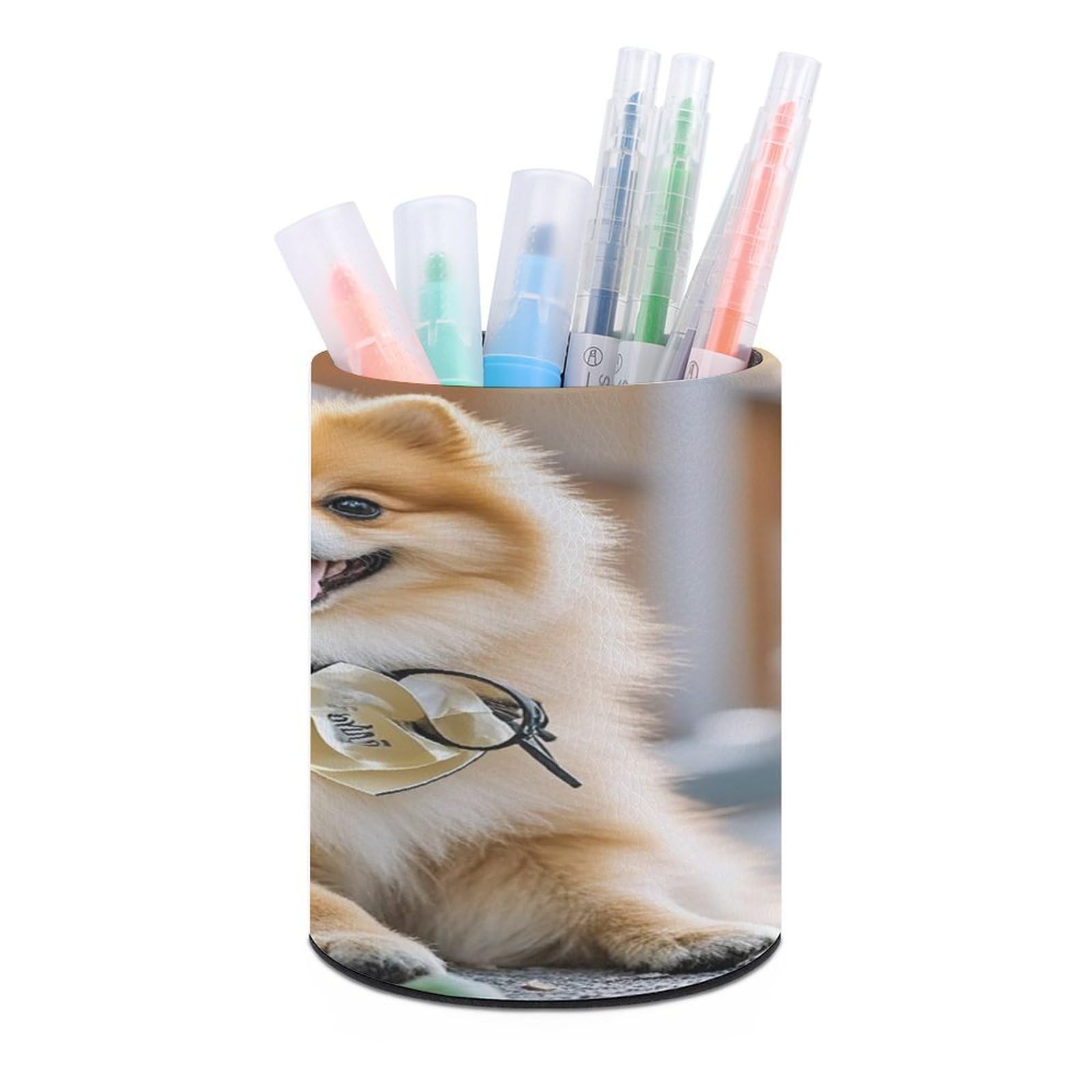 MUSM Short-haired Pomeranian Dog Pen Holder Round PU Leather Pencil Cup Waterproof Pencil Holder for Desk Pen Cup Pen Organizer Pencil Organizer Makeup Brush Holders for Home Office Decor