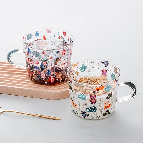 Miniatura 7 de JHTPSLR Taza de vidrio transparente con asas para fiesta del bosque, 17 onzas, bonita, taza de vidrio con osos, zorro, búho, ardilla, alce, hongos,