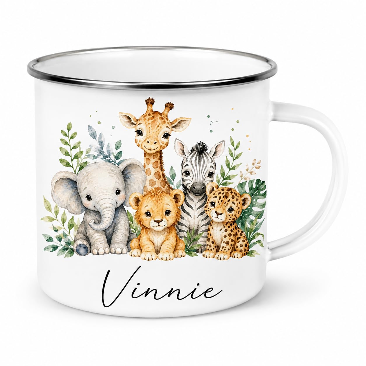 Personalised Children’s Enamel Mug – Toddler’s First Mug – Custom Kids Camping Mug – Cute Animal, Rainbow, Fairy & Princess Designs – Personalised Gift for Boys & Girls (Safari Animal Enamel Mug)