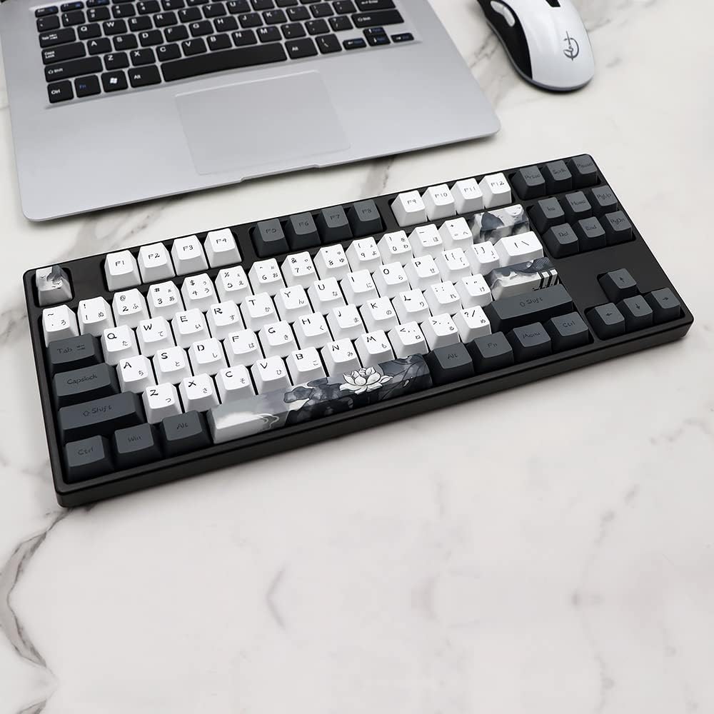 MOLGRIA Ink Lotus Keycaps, 140 Set Custom Key caps for Gaming Keyboard, PBT OEM Profile Dye Sublimation Keycaps ANSI/ISO Layout with Japanese Font for Gateron Kailh Cherry MX 104/87/74/61 60 Keyboard
