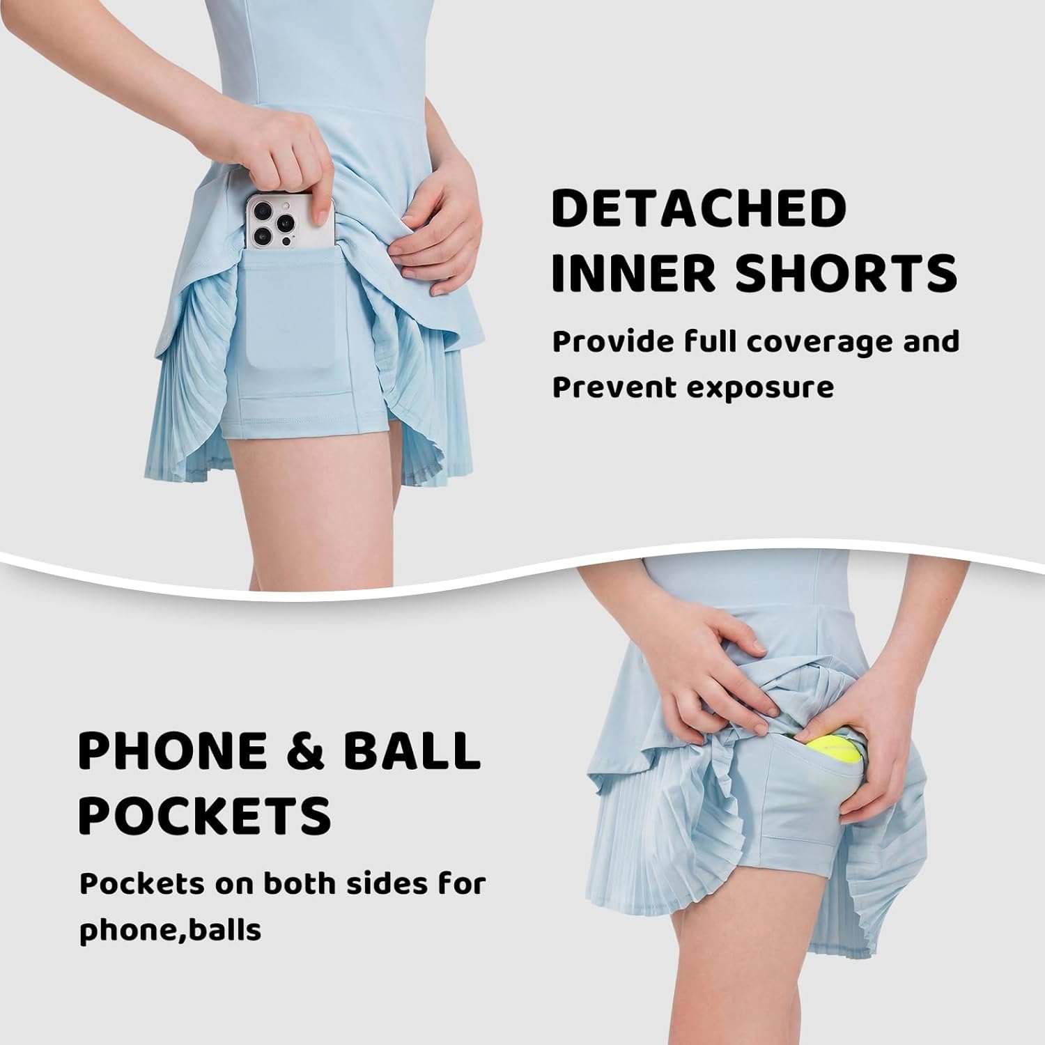 Girls Tennis Dress Golf Outfit Built-in Shorts Pickleball Athletic Dress Workout Pockets 5-12Y