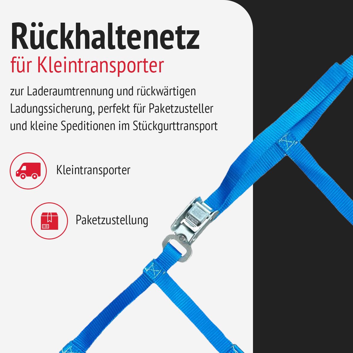 Rückhaltenetz Kleintransporter 25 mm blau für Laderaumtrennung | Polyester-Rückhaltenetz mit S-Haken für rückwärtige Ladungssicherung | Maße: 1775 x 1650-1950 mm; LC: 800 daN