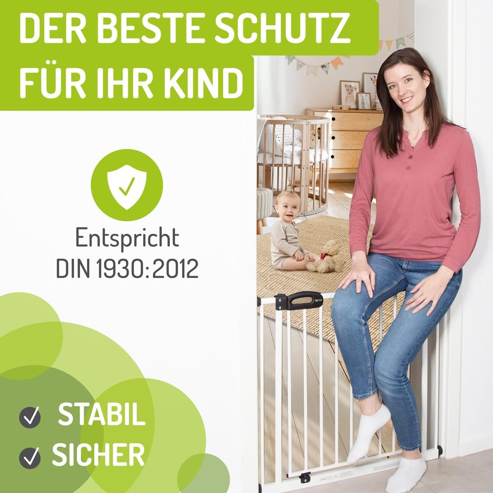 BOMI TÜV GS Siegel Türschutzgitter Merle | Zum Klemmen | 90° Stop | Schließt automatisch | Tuerschutzgitter weiß Metall Selbstschließend | Treppengitter zum Klemmen für Baby | Breite: 95-103 cm