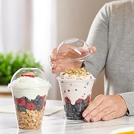 GUSTO [12 oz. - 50 Count Clear Plastic Cups With Dome Lids (No Hole), Fruit Cups with Lids for Party - Perfect for Smoothies, Milkshakes, and To-Go Beverages - (Formerly Comfy Package)