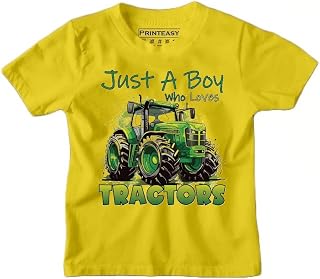 PrintEasy Just A Boy Who Loves Tractors Cotton Round Neck Regular Fit Unisex Kids T-Shirt for Boys & Girls D-323 Price In India