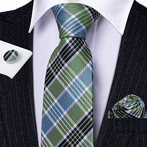 Image of Barry.Wang Plaid Ties for Men Silk Necktie Handkerchief Cuff Links Set