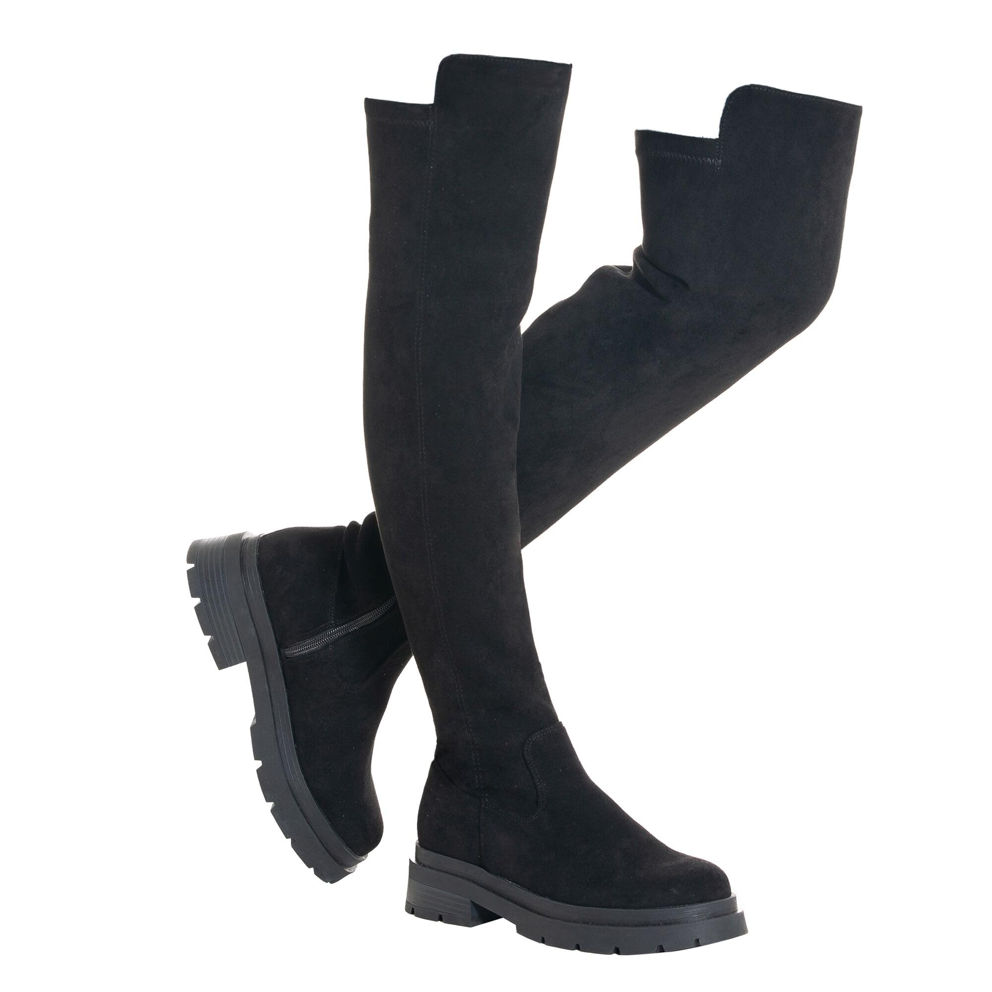 Mtzyoa Over The Knee Combat Boots for Women, Black Brown Suede Combat Platform, Side Zipper, Chunky Lug Sole, Round Toe, Thigh High, for Shopping