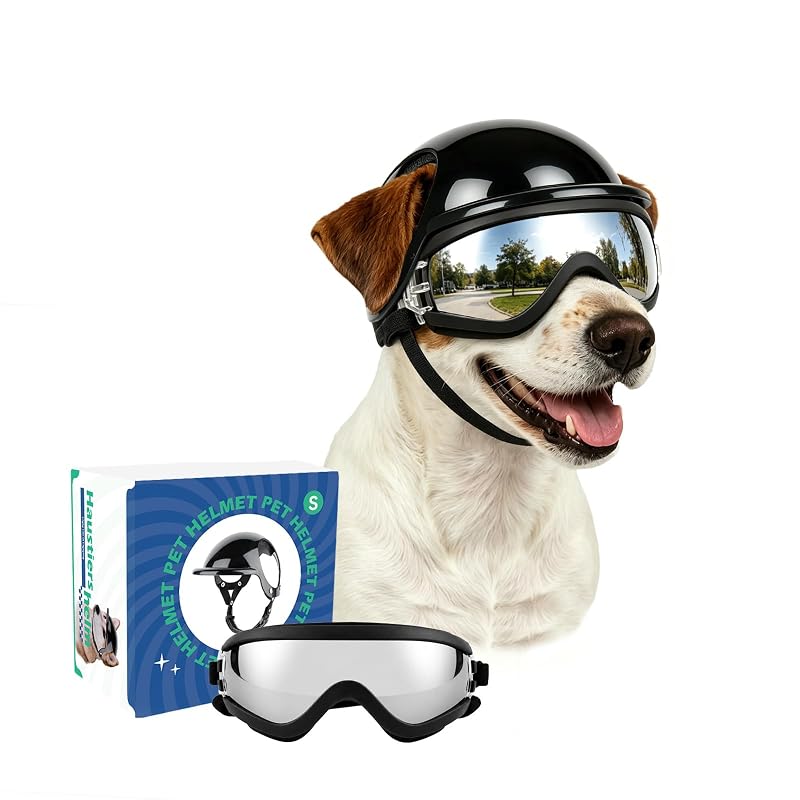 Óculos de Sol e Capacete para Cães Pequenos PETLESO, Lentes PC e Capacete ABS, Black, Tamanho Small, Conjunto com 2 peças