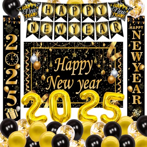 大晦日パーティー用品 2025、ハッピーニューイヤーデコレーション ブラックゴールド ハッピーニューイヤーバナー 背景幕 新年デコレーション 2025 数字 ホイル紙吹雪バルーン ドアバナー NYE デコレーション 2025