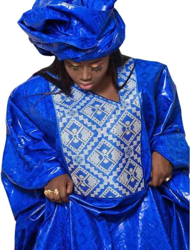 Royal Blue Bazin Riche Dashiki Robe Femme African Ankara Traditional Wedding Prom Long Dresses With Scarf Guipure Clothing Boubou - Image 4