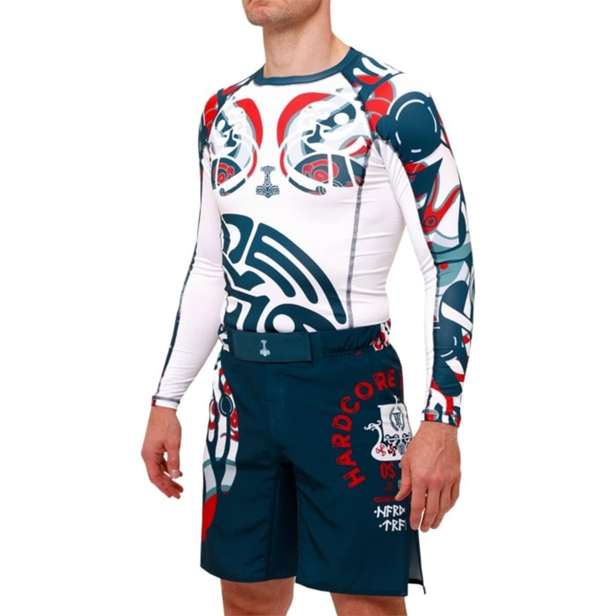 Hardcore Training Rash Guard Mężczyźni Kompresja Koszulka Długi Rękaw BJJ MMA No-Gi Obcisła Grappling Boks (DE/NL/SE/PL, Alfa, S, Regularny, Regularny, Biały, niebieski)