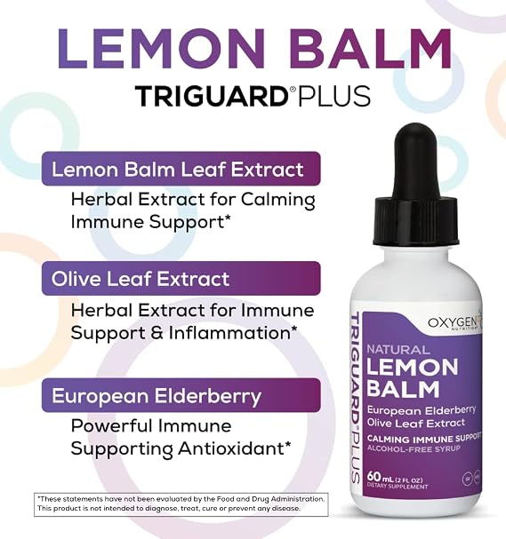 TriGuard Lemon Balm Plus - Lemon Balm Extract, Elderberry, Olive Leaf Extract Tincture 2 fl oz | For Calming, Stress Relief, Immune Support and Inflammation | Alcohol-Free, Non-GMO, Made in USA