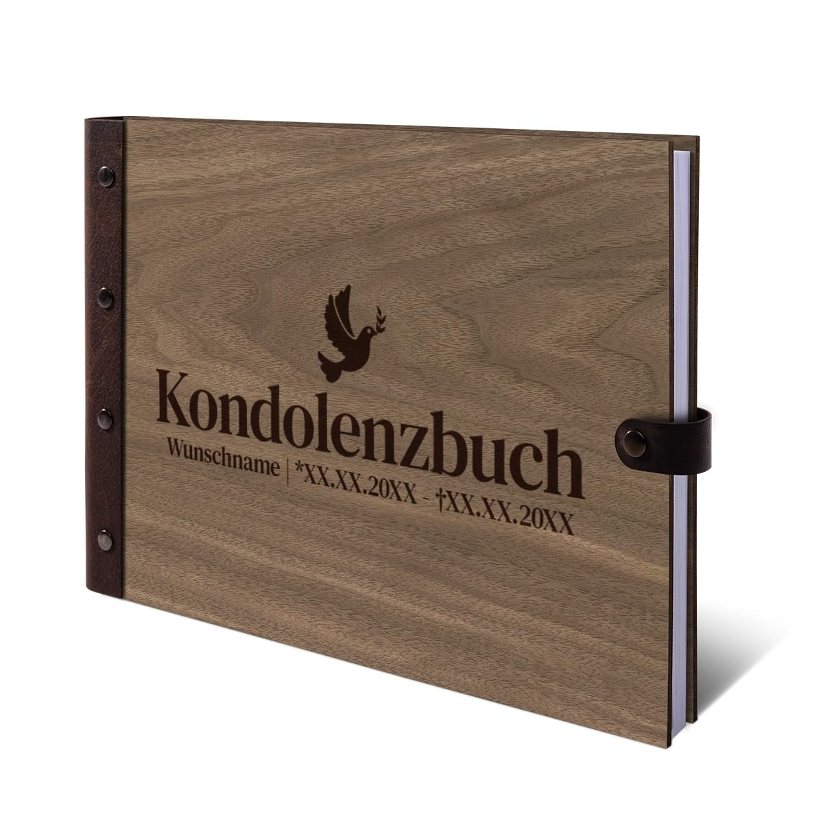 Personalisiertes Kondolenzbuch Todesfall echtes Holz DIN A4 Gästebuch mit Lasergravur - Friedenstaube - mit 72 Blatt / 144 Seiten Naturpapier Weiß