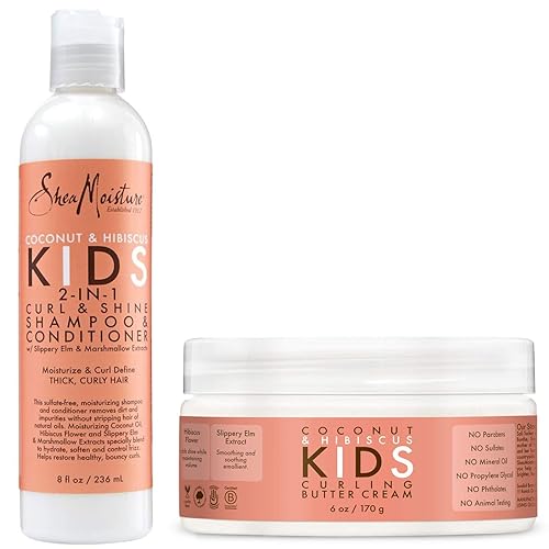 Shea Moisture Coconut  Hibiscus Kids Combo Pack  Incluye crema de mantequilla rizadora para niños 6 onzas y champú y acondicionador 2 en 1 para