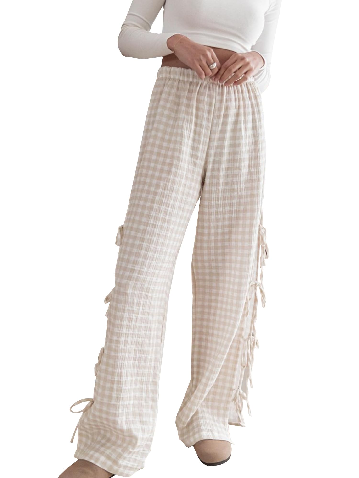 Sunloudy Women Y2K Wide Leg Gingham Pants Elastic High Waist Side Tie Loose Fit Plaid Trouser Lounge Pants