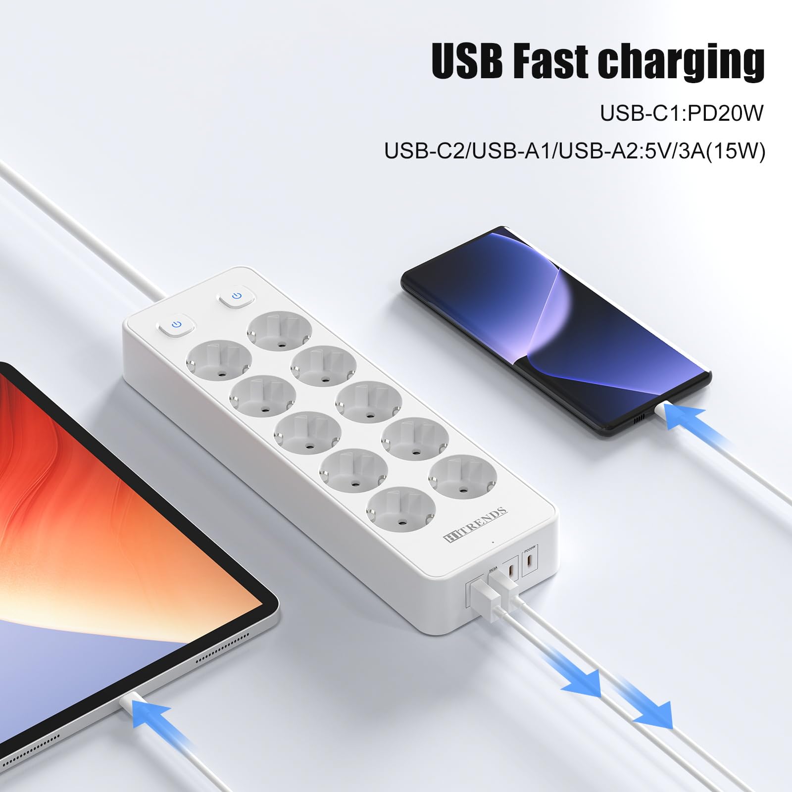 Ciabatta elettrica 10 prese, con 2 USB-A+ 2 USB-C (PD20W), presa con 2 interruttori, presa di distribuzione 230 V, spina multipla 2 m, per casa, scuola, ufficio (bianco)