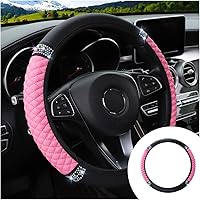 JOYCOURT Bling Pink Rhinestone Steering Wheel Cover - Soft Leather 15 Inch Protector, Sparkling Crystal Diamonds for Women, Fits Most Cars SUVs