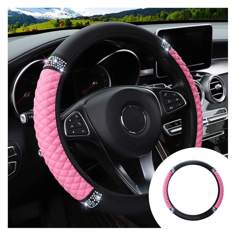 Capa para Volante de Carro JOYCOURT em Couro Sintético com Strass Rosa, 34,9–38 cm
