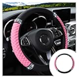 Bling Soft Leather Steering Wheel Cover, 15 Inch Colorful Rhinestones Auto Elastic Protector with Crystal Diamond for Women Girls, Car Accessories for Most Cars, SUVs (Pink)