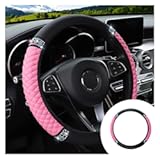 Bling Soft Leather Steering Wheel Cover, 15 Inch Colorful Rhinestones Auto Elastic Protector with Crystal Diamond for Women Girls, Car Accessories for Most Cars, SUVs (Pink)