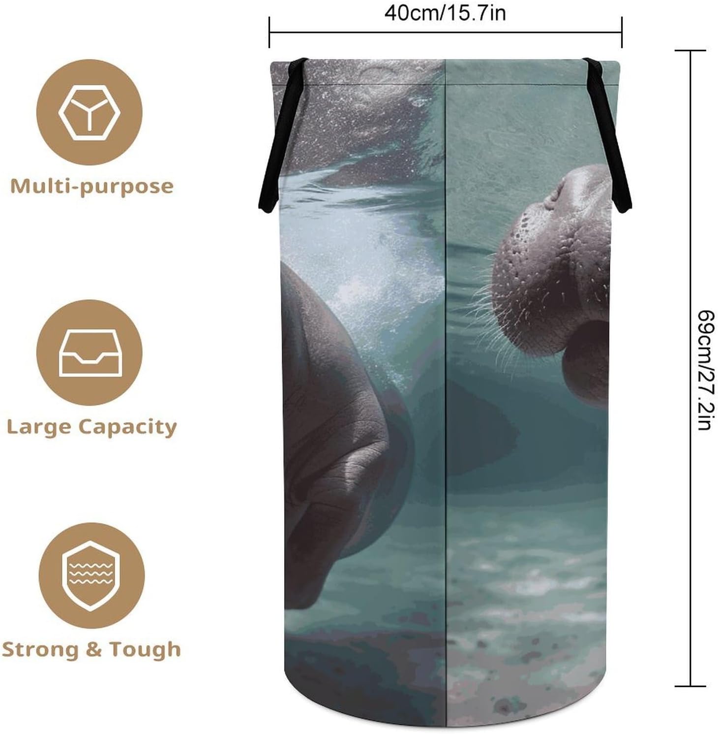 Large Collapsible Laundry Basket with Easy Carry Handles Freestanding Laundry Hamper Diving Hippo Waterproof Clothes Hamper