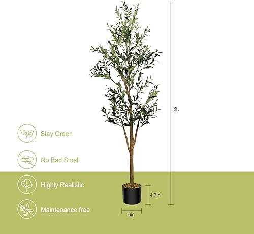 Miniatura 5 de Fikowo Árbol de olivo sintético de 6 pies, olivo artificial para interiores, árbol de seda de olivo falso en maceta con tronco de madera natural y