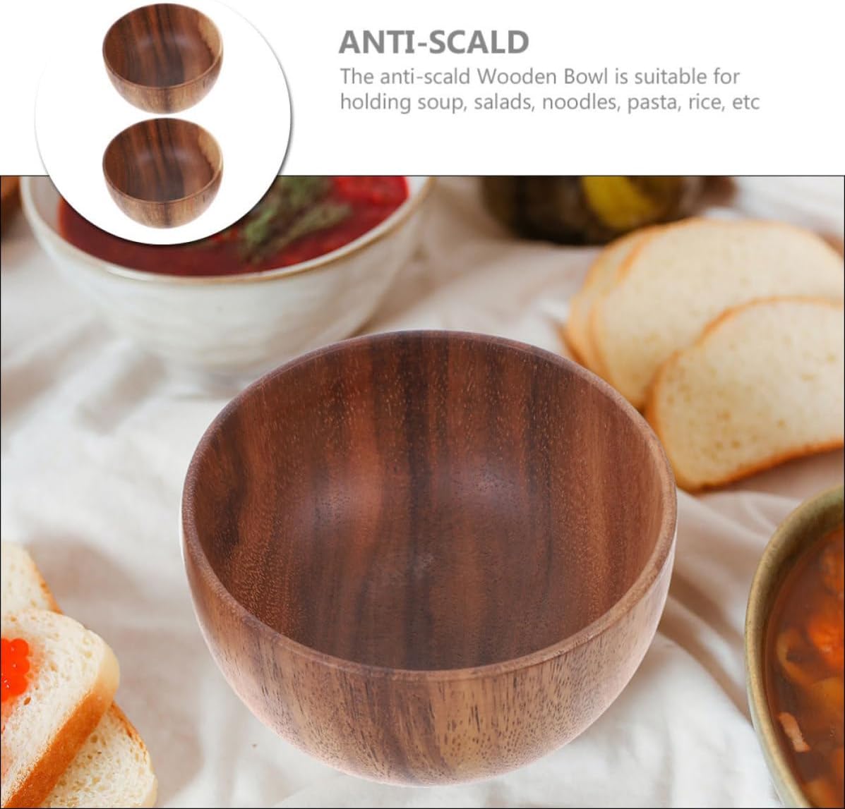 2pcs Japanese Style Wooden Bowl Set for Rice, Noodles, Fruit, Salad