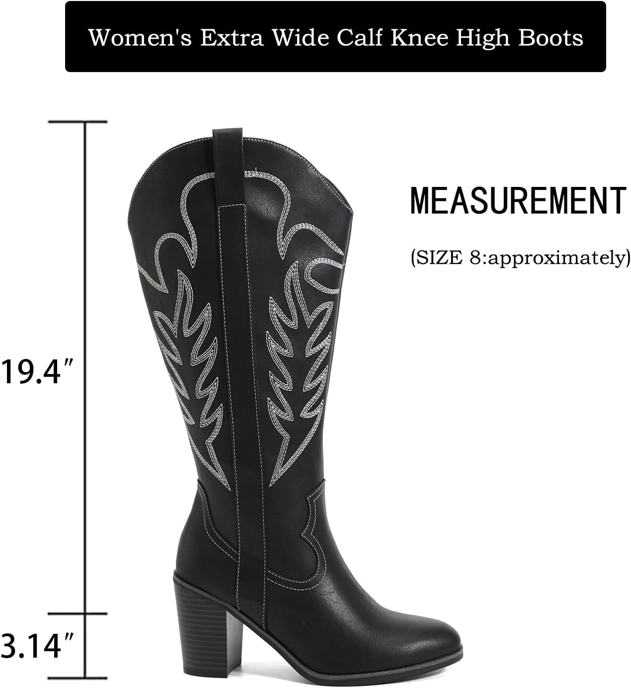Luoika Women's Extra Wide Calf Cowboy Knee High Boots，Wide Width Cowgirl Boots Chunky Pump Heel Plus Size Western Tall Boots.