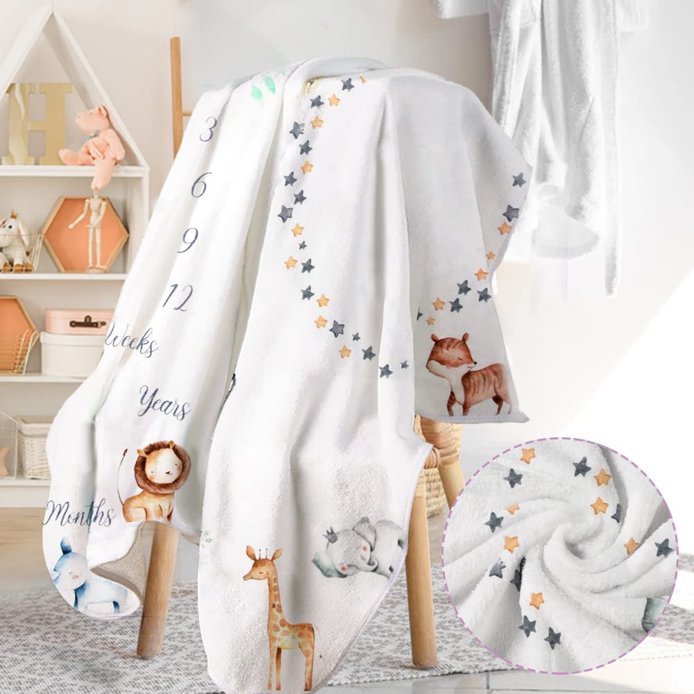 Coperta mensile per bambini, motivo pietra miliare per bambini, unisex, per immagini, leone, giraffa e zebra, con 4 cornici in feltro, Natale, nuove mamme e la crescita dell'età (101.6 x 127 cm)