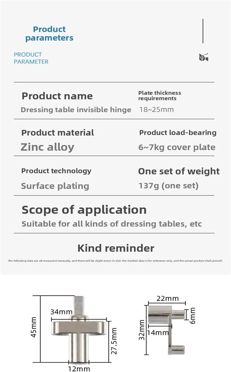 1pcs Invisible Hinge, Down Hidden Hinge with Damping Buffer Cabinet Door Hinge Hardware(80Kg Torque)