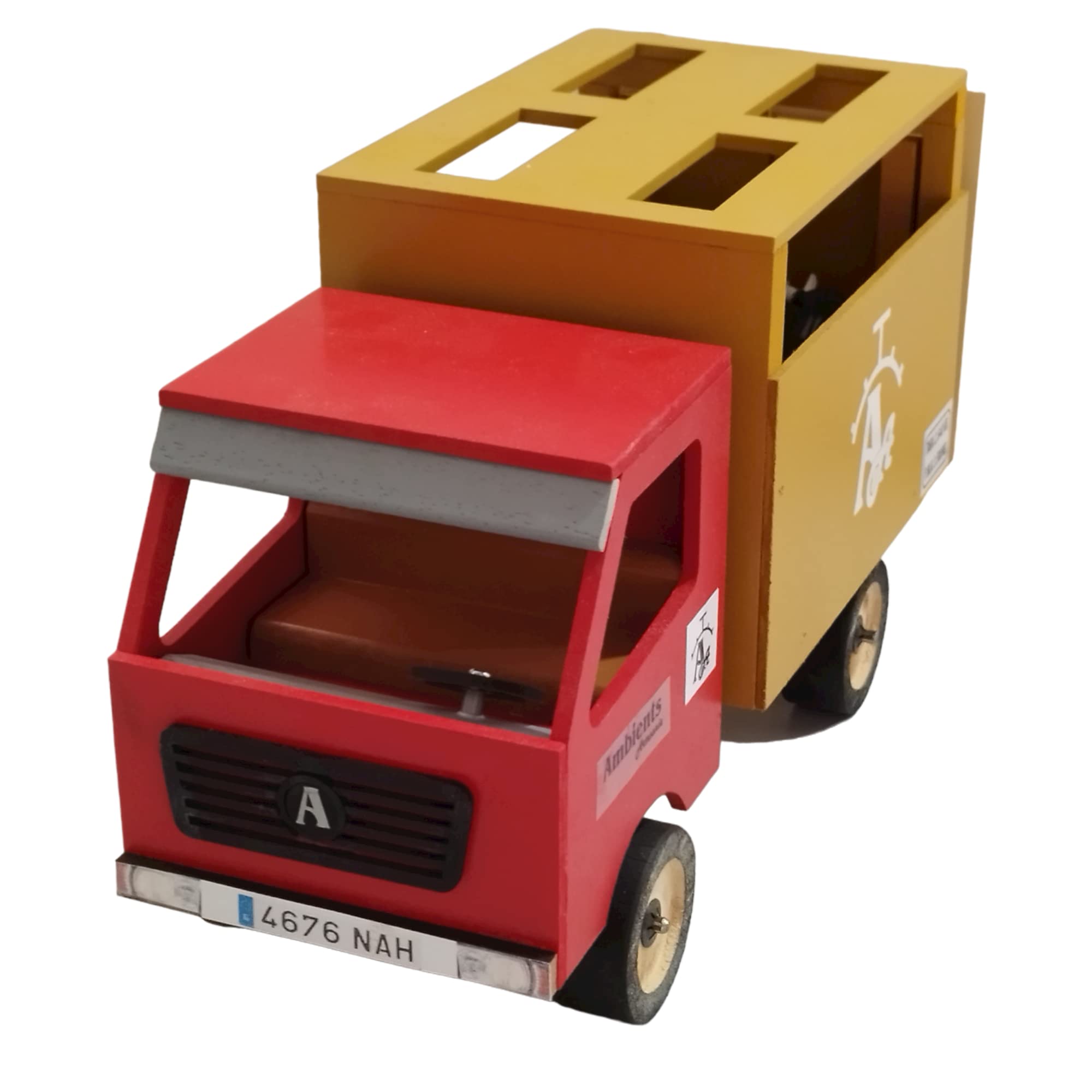 Camion de Toros de Juguete - Juguete Artesanal de Madera MDF con Rampa y 6 Toritos incluidos - Pintado a Mano - 30x13x19 cm - Ideal para niños y coleccionistas