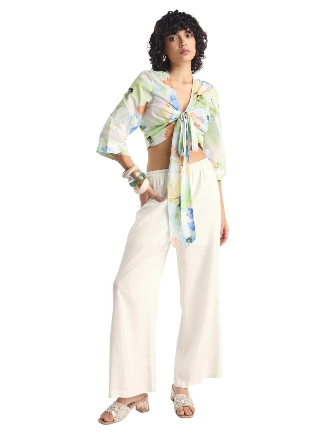 Rareism Women’s Ireen Multi Cotton V-Neck Abstract Print Bell Sleeve Crop Regular Fit Top