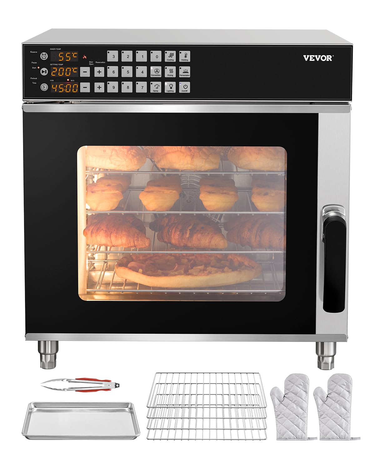 VEVOR Forno a Convezione Commerciale 58 L, Forno Tostapane a 4 Ripiani 2800 W con Porta in Vetro Temperato, Griglie Metalliche Vassoio per Clip Guanti Forno Elettrico in Acciaio Inox per Ristorante