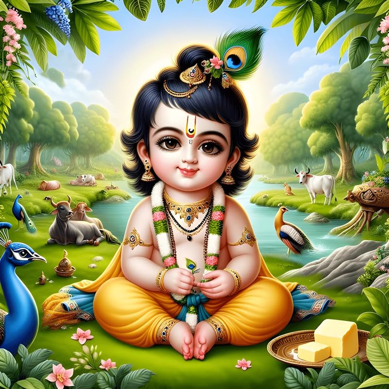 Image of British Terminal Cute little Bal Gopal Baby God Krishna| Kanha Ji | Laddu Lord Makhan Chor Painting Religious Poster for Pregnant Women for wall (matt thin vinyl,sticker,multicolor,unframed)| bj3