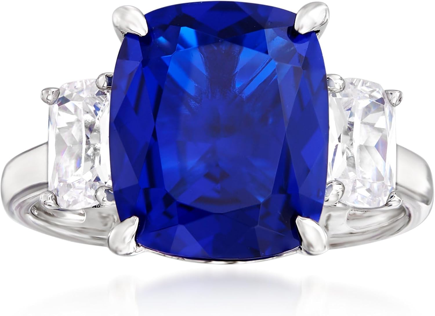Ross-Simons 6.25 Carat Simulated Sapphire and 1.10 ct. t.w. CZ 3-Stone Ring in Sterling Silver