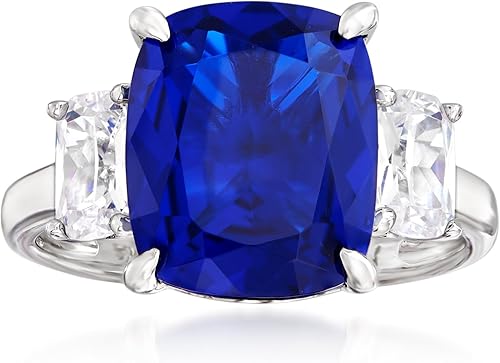 Ross-Simons 6.25 Carat Simulated Sapphire and 1.10 ct. t.w. CZ 3-Stone Ring in Sterling Silver