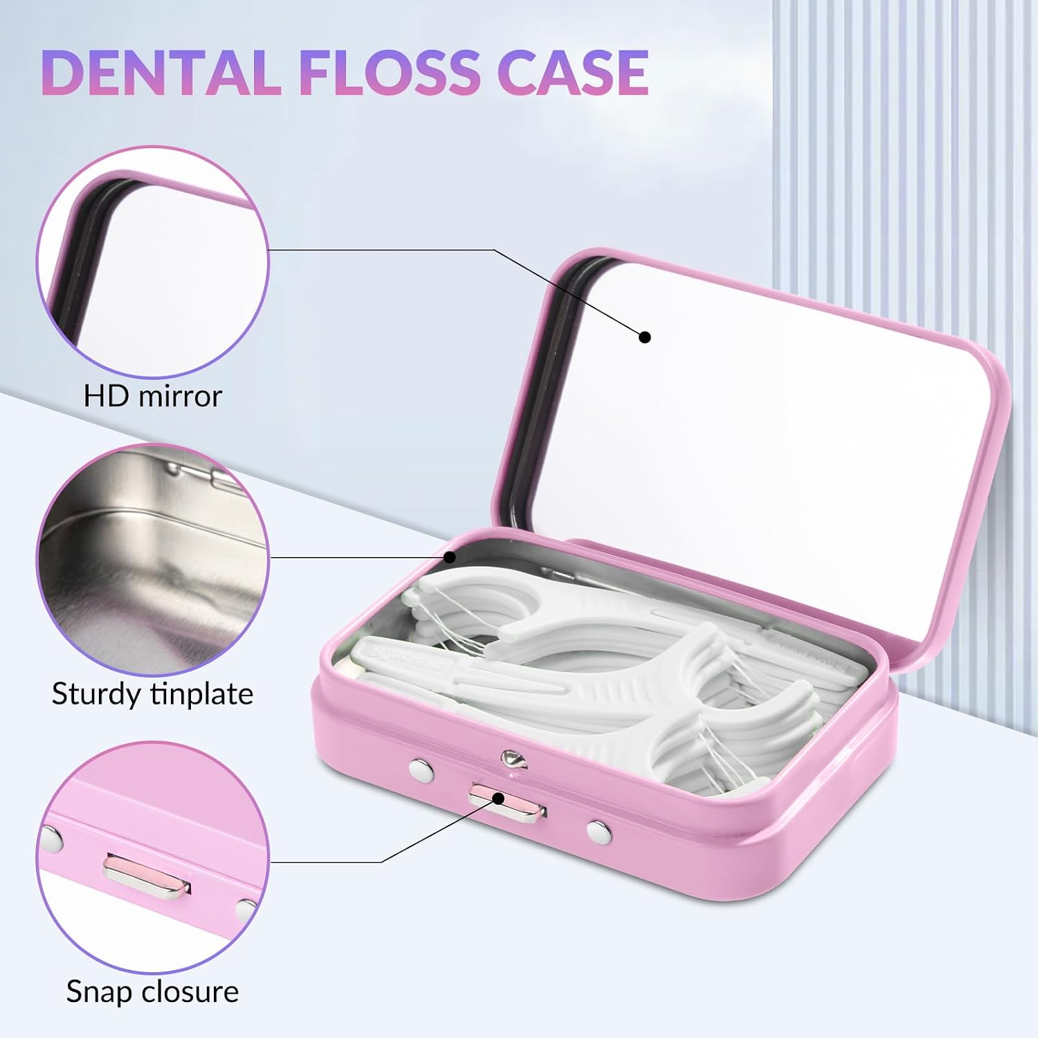 2Pack Travel Floss Picks Case, Refillable Portable Floss Pick Holder and Dispenser，Small tin Box with Mirror，Pink image 3