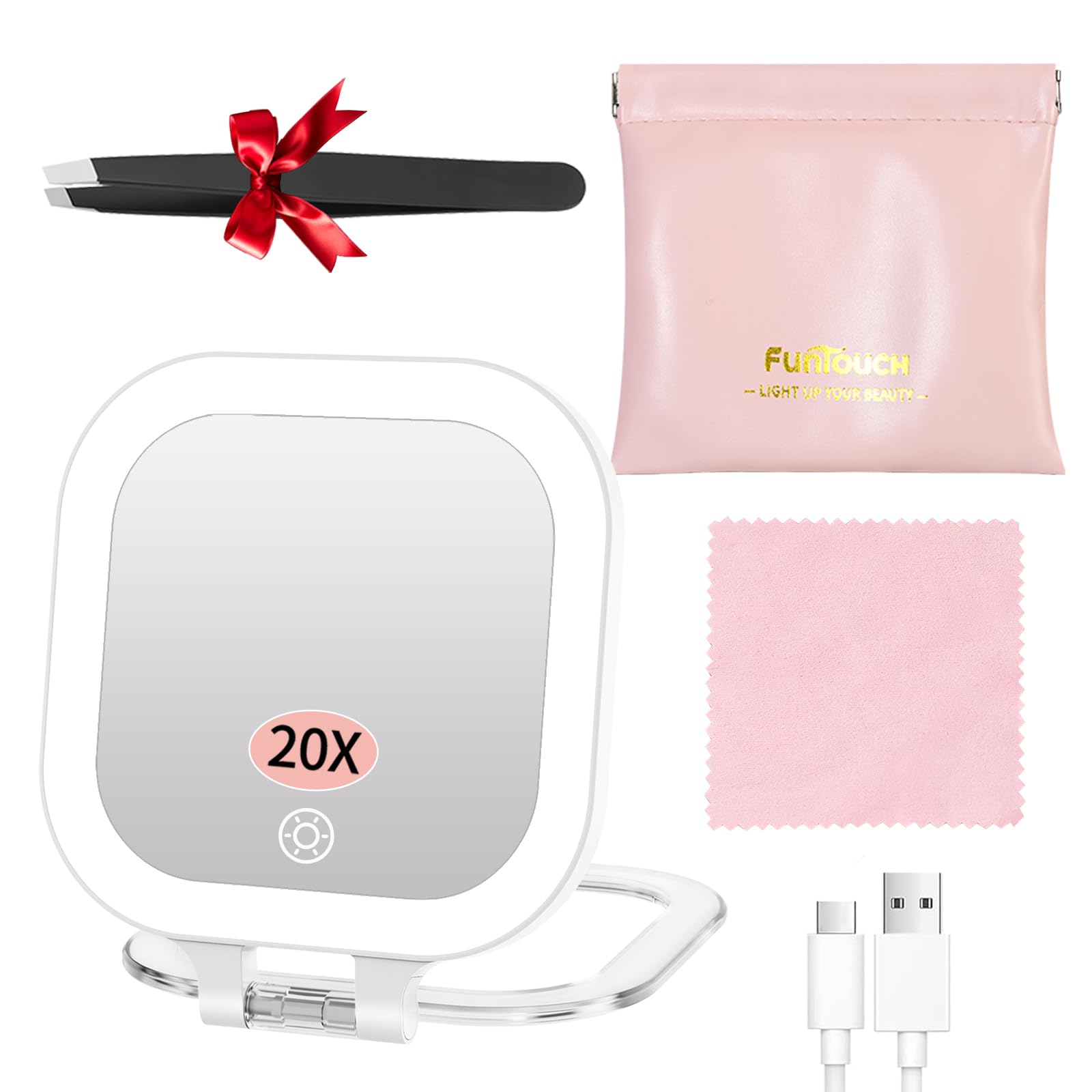 FUNTOUCH Espejo de maquillaje de viaje con luz, juego de espejo de aumento 1X/20X con 3 ajustes de luz y brillo ajustable, espejo compacto plegable recargable de doble cara para el hogar y viajes