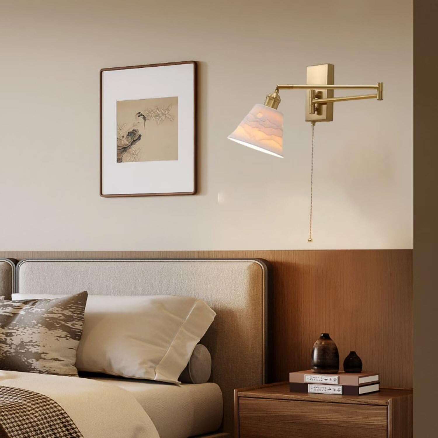 Swing Arm Wall Lamp Pull Cord Switch Adjustable Long Arm Wall Sconce Modern Gold Bedside Reading Lamp Milk White Ribbed Ceramic Shade Rotatable Brass Wall Light for Living Room Bedroom Study, Tapered